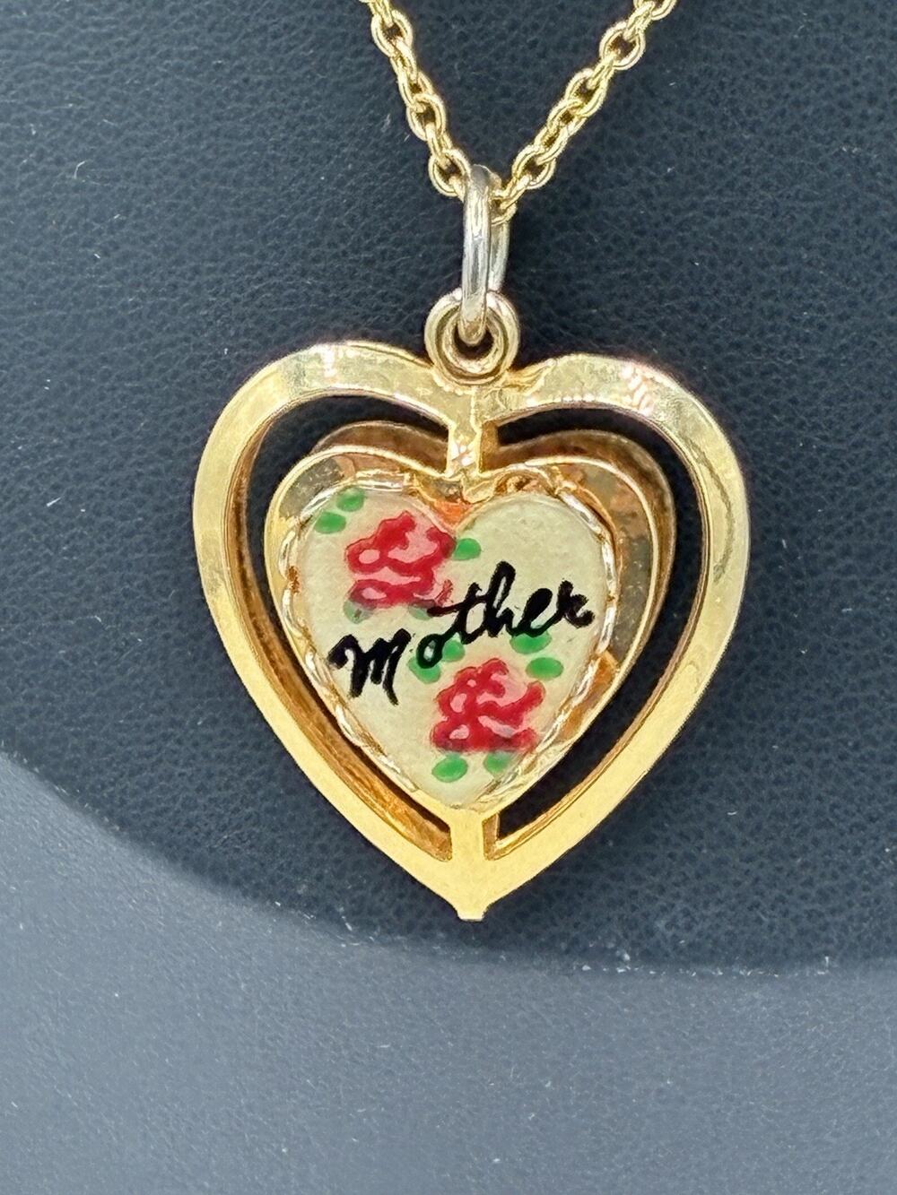 Vintage Gold Tone Mother Heart Reversible Pendant Necklace Roses 18 inch